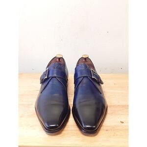 Magnanni Single Monk Dress Shoes Mens Size 9 M Black Burnish & Navy Blue